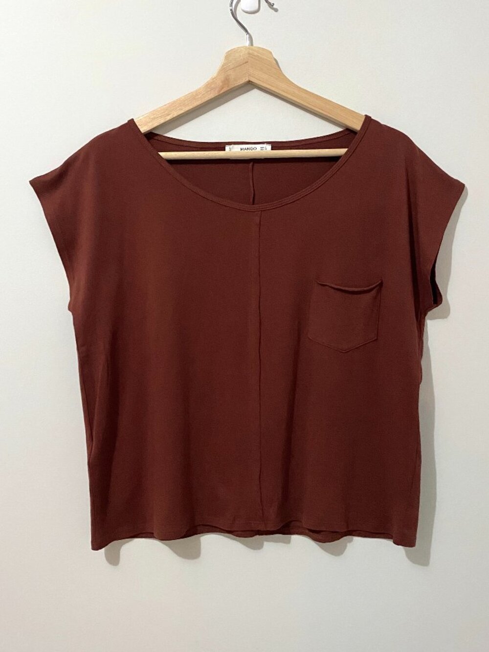 NWOT Mango Organic Cotton Wide Neck T-Shirt Drop Shoulder Boxy Relaxed Cozy Rust